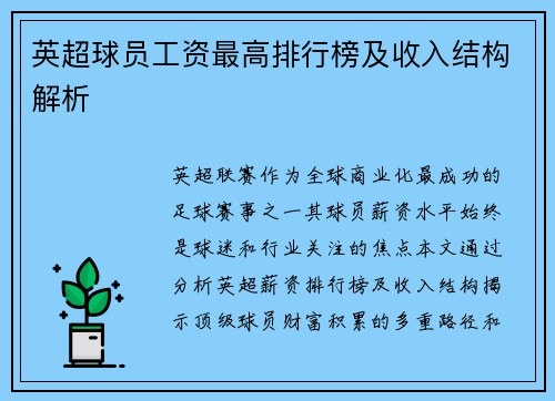 英超球员工资最高排行榜及收入结构解析
