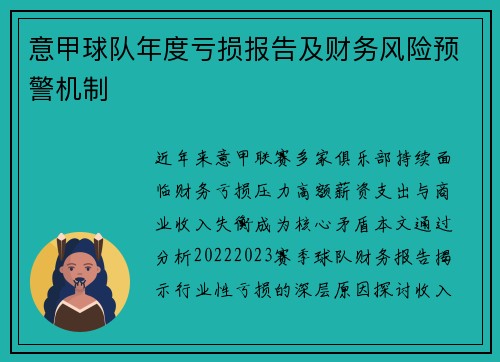 意甲球队年度亏损报告及财务风险预警机制